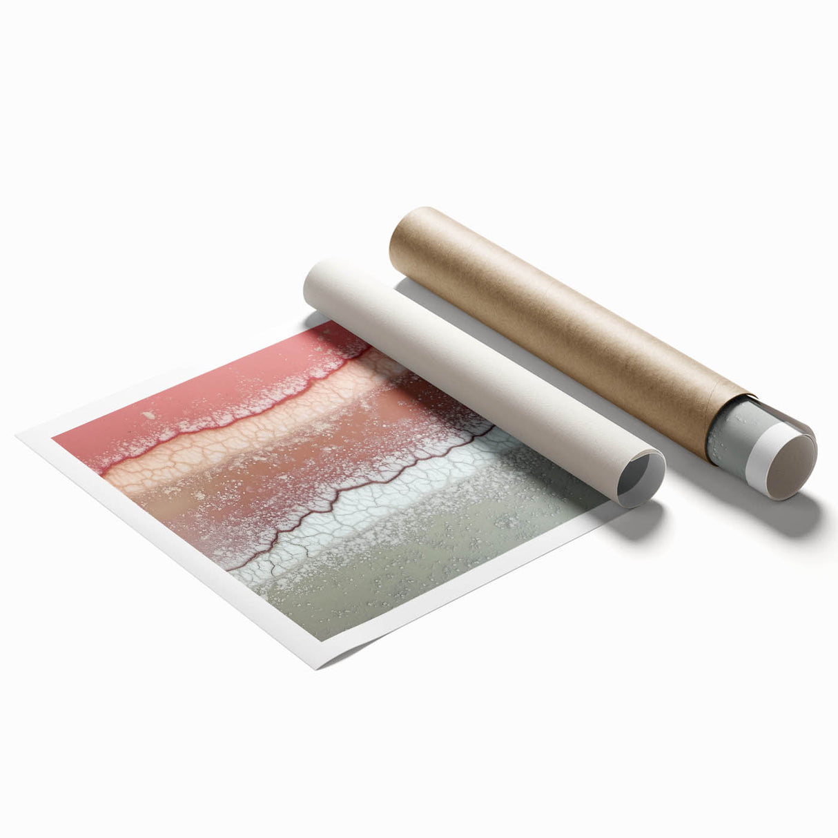 Abstract landscape rolled print featuring vibrant colors of blue, orange, and green, showcasing an artistic interpretation of nature. Ideal for modern home decor.