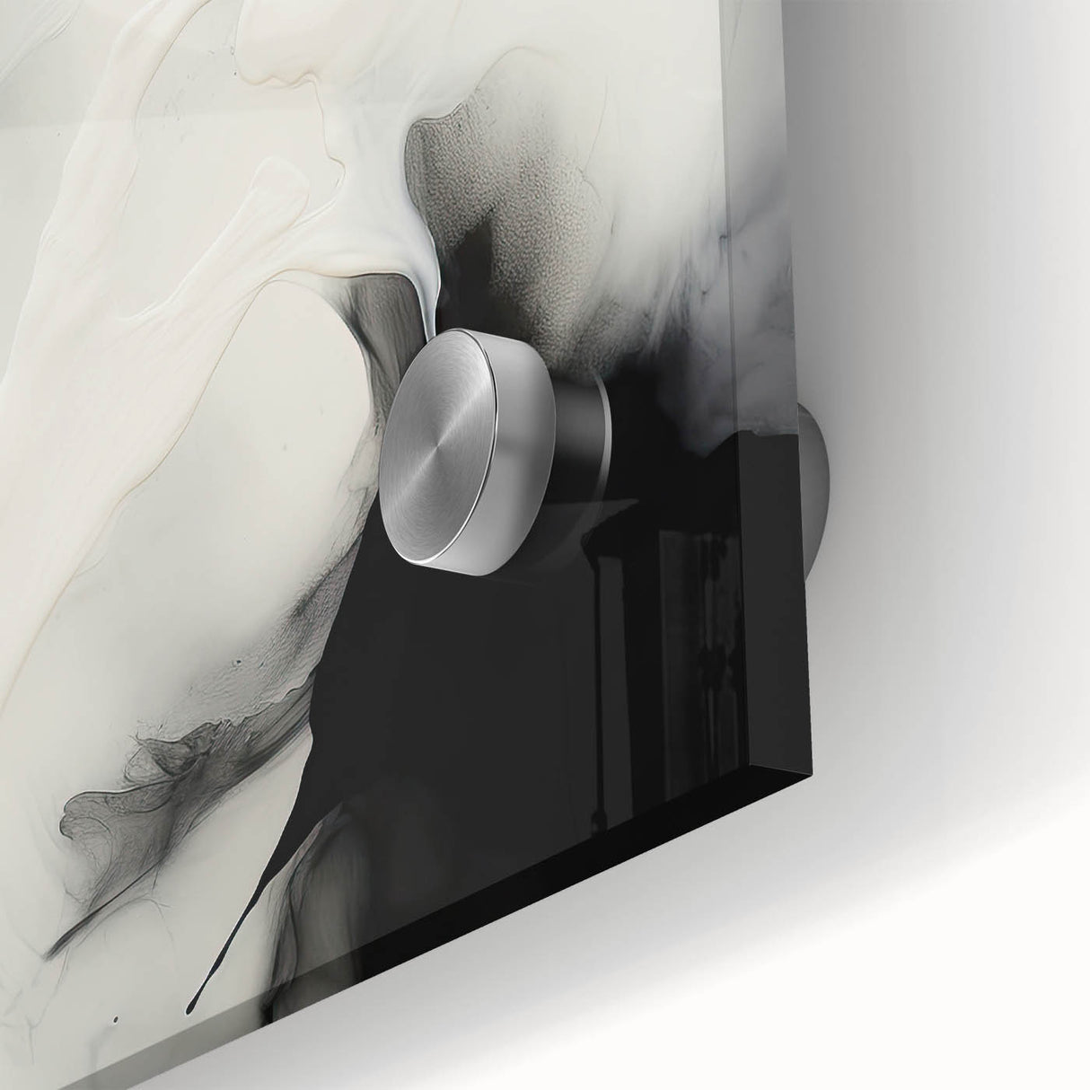 Close-up of an abstract minimalist wall art piece, showcasing vibrant acrylic colors on glass, emphasizing fluid shapes and artistic depth, perfect for modern decor.