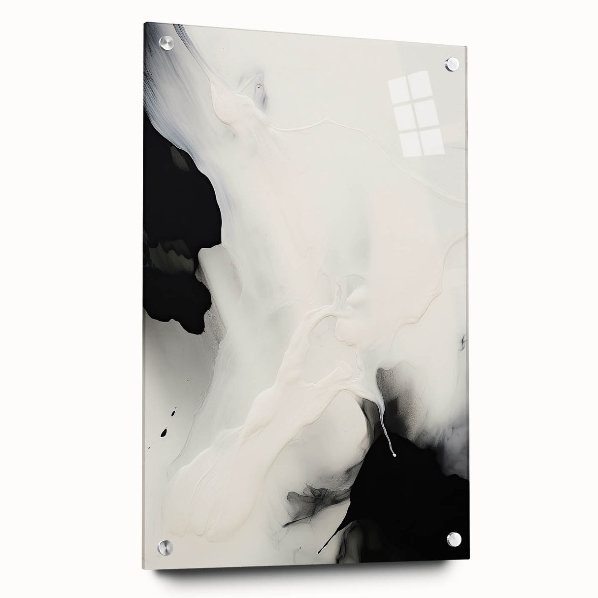 Abstract minimalist wall art displayed in a side view, featuring vibrant colors and geometric shapes, mounted with decorative pins on a sleek surface.