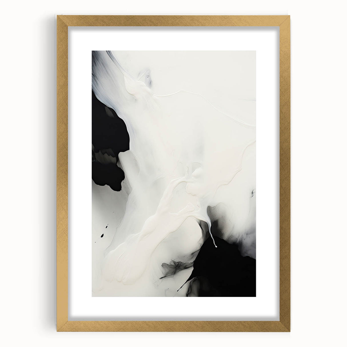 Abstract minimalist wall art framed with a gold finish and matting, showcasing soft neutral tones and geometric shapes, perfect for modern home decor.