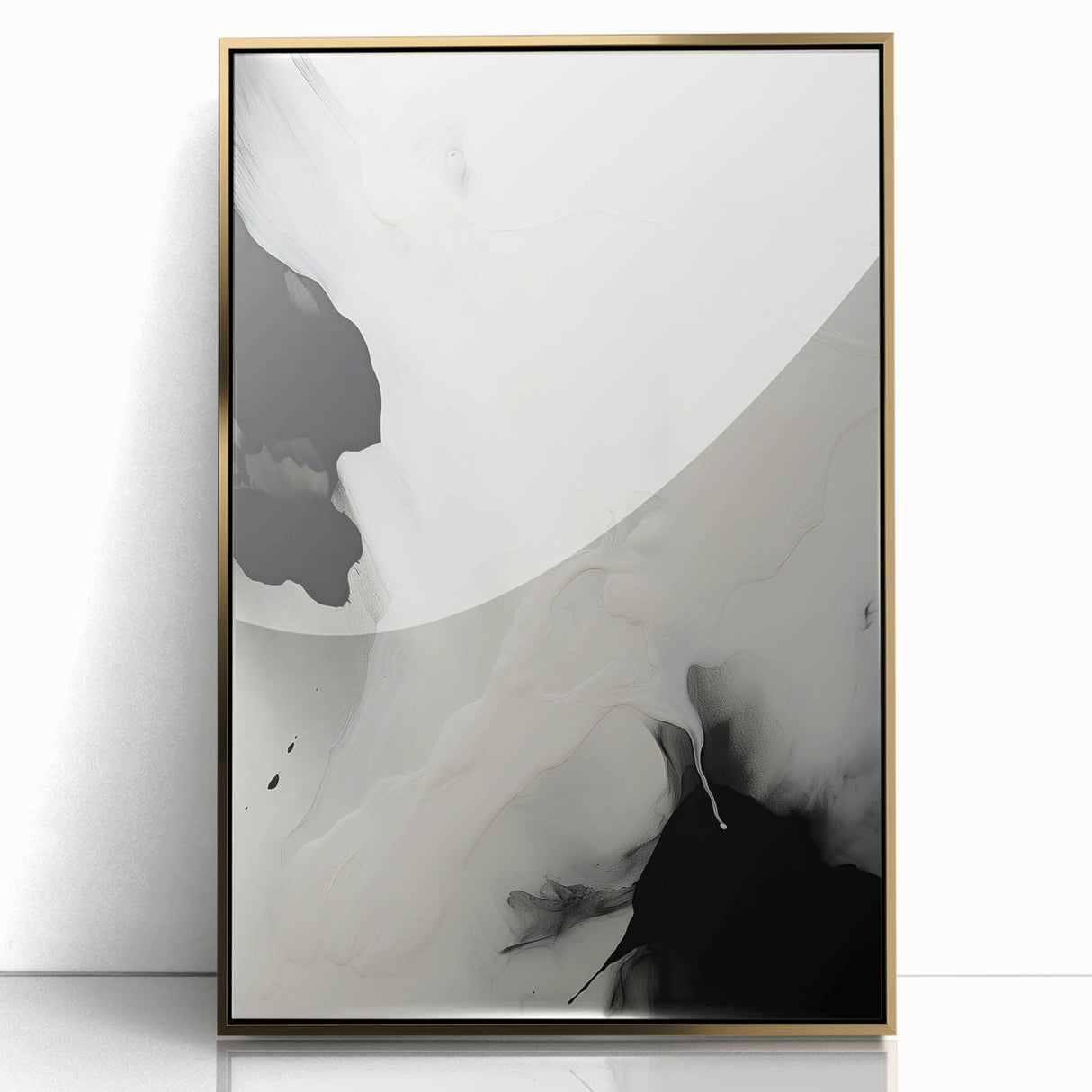 Framed minimalist wall art featuring an abstract design in gold and white, ideal for modern decor. The artwork is displayed in an elegant acrylic frame, enhancing its sophisticated look. Perfect for home or office settings.