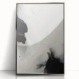 Framed abstract minimalist wall art featuring a sleek silver-acrylic design, showcasing geometric shapes and smooth lines, perfect for modern home decor.