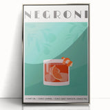 Mid-century modernist art depicting assorted beverages in vibrant colors, framed acrylic, ideal for modern kitchen decor.