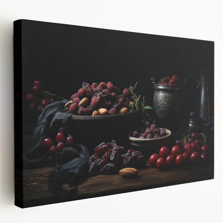 A large canvas featuring an array of fruits in bright colors, ideal for kitchen wall art.