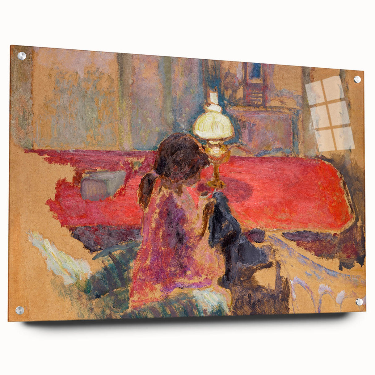 Intimate Realism Art Print of Woman by Lamp in Cozy Interior Setting