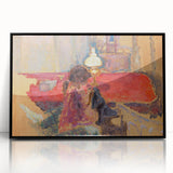 Intimate Realism Art Print of Woman by Lamp in Cozy Interior Setting