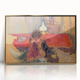 Intimate Realism Art Print of Woman by Lamp in Cozy Interior Setting