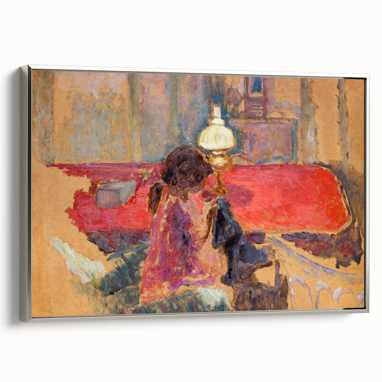Intimate Realism Art Print of Woman by Lamp in Cozy Interior Setting