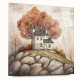 Large abstract wall art depicting autumnal trees in orange and red hues on acrylic glass.
