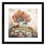 Extra large abstract art print featuring vibrant autumn hues on textured canvas, framed in black.