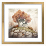 Extra large abstract art print featuring textured fall colors on a gold-framed canvas, ideal for living room decor.