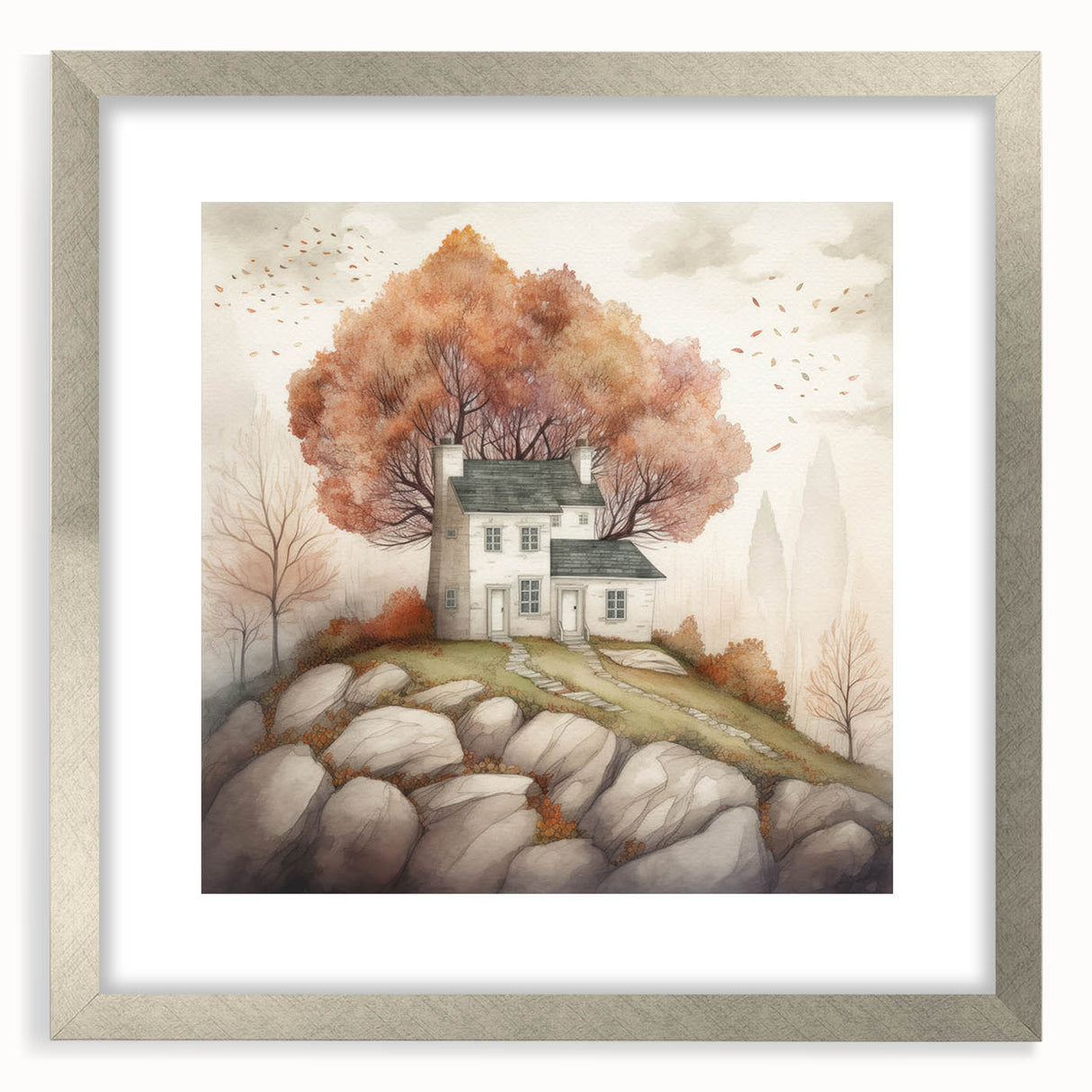 Textured abstract art print in warm autumn hues on a silver-framed canvas, ideal for bedroom wall decor.