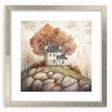 Textured abstract art print in warm autumn hues on a silver-framed canvas, ideal for bedroom wall decor.