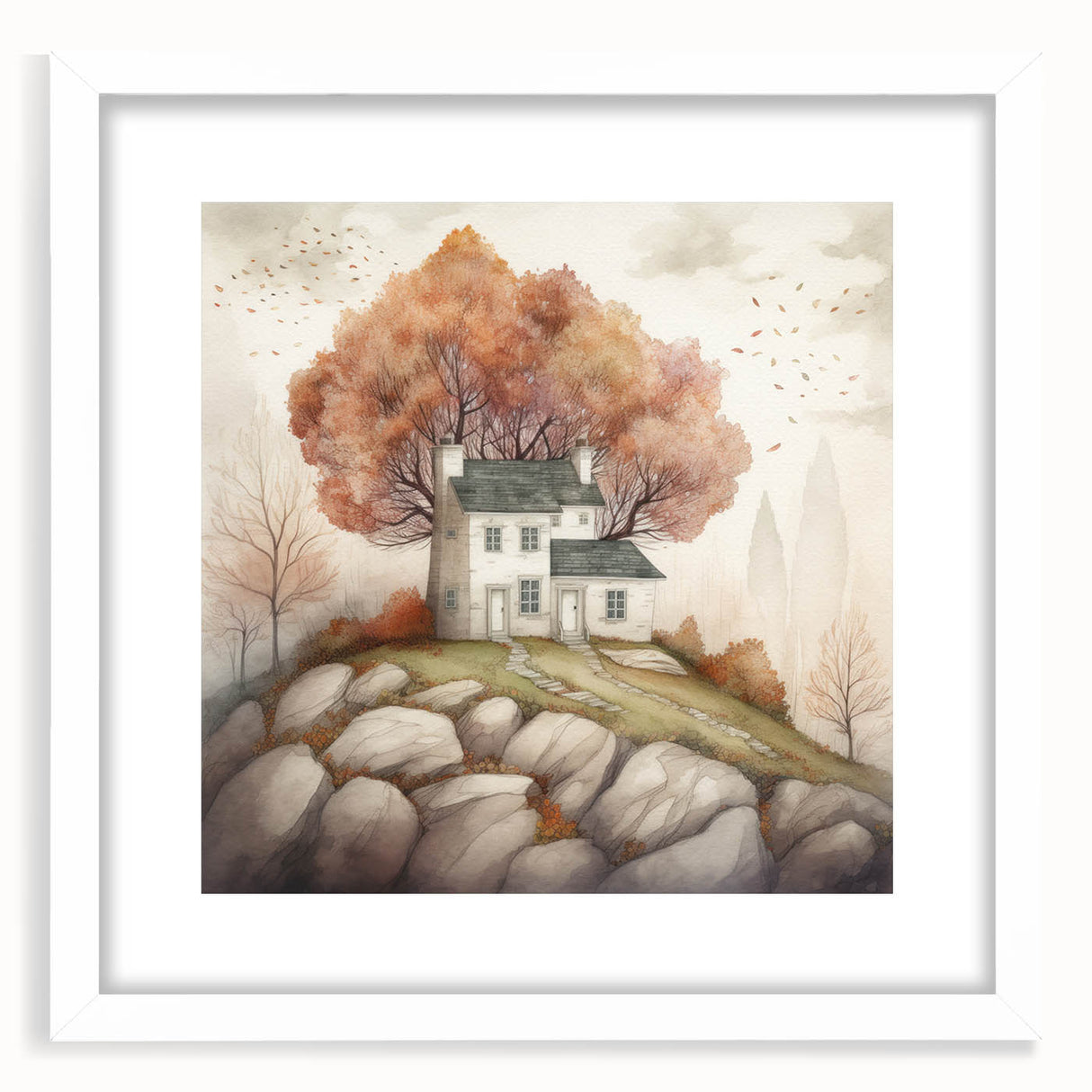 Abstract art print featuring swirling autumnal hues on a white framed canvas, ideal for dining room decor.