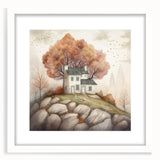 Abstract art print featuring swirling autumnal hues on a white framed canvas, ideal for dining room decor.