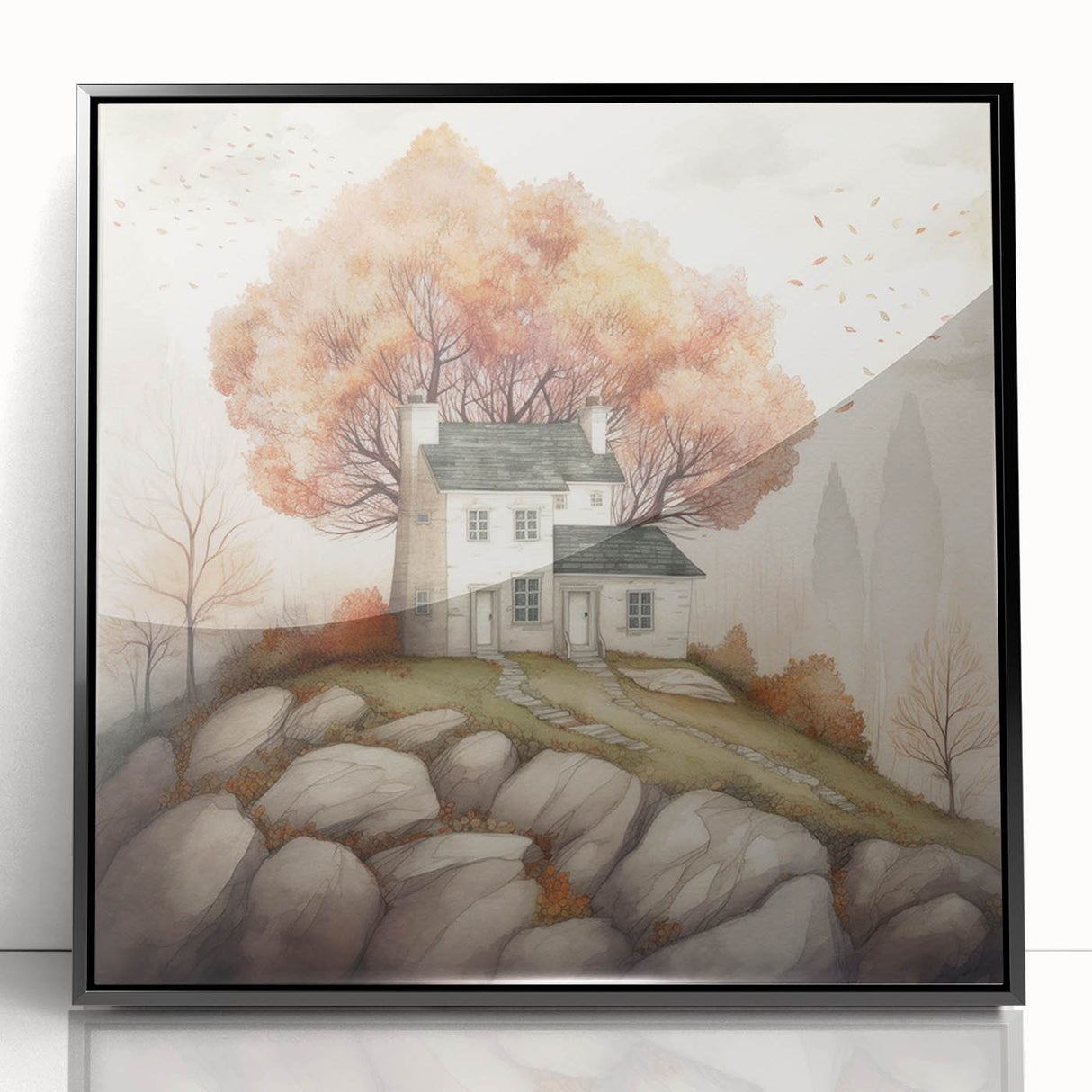 Large abstract wall art of autumn trees in warm orange and red tones, framed in black acrylic.