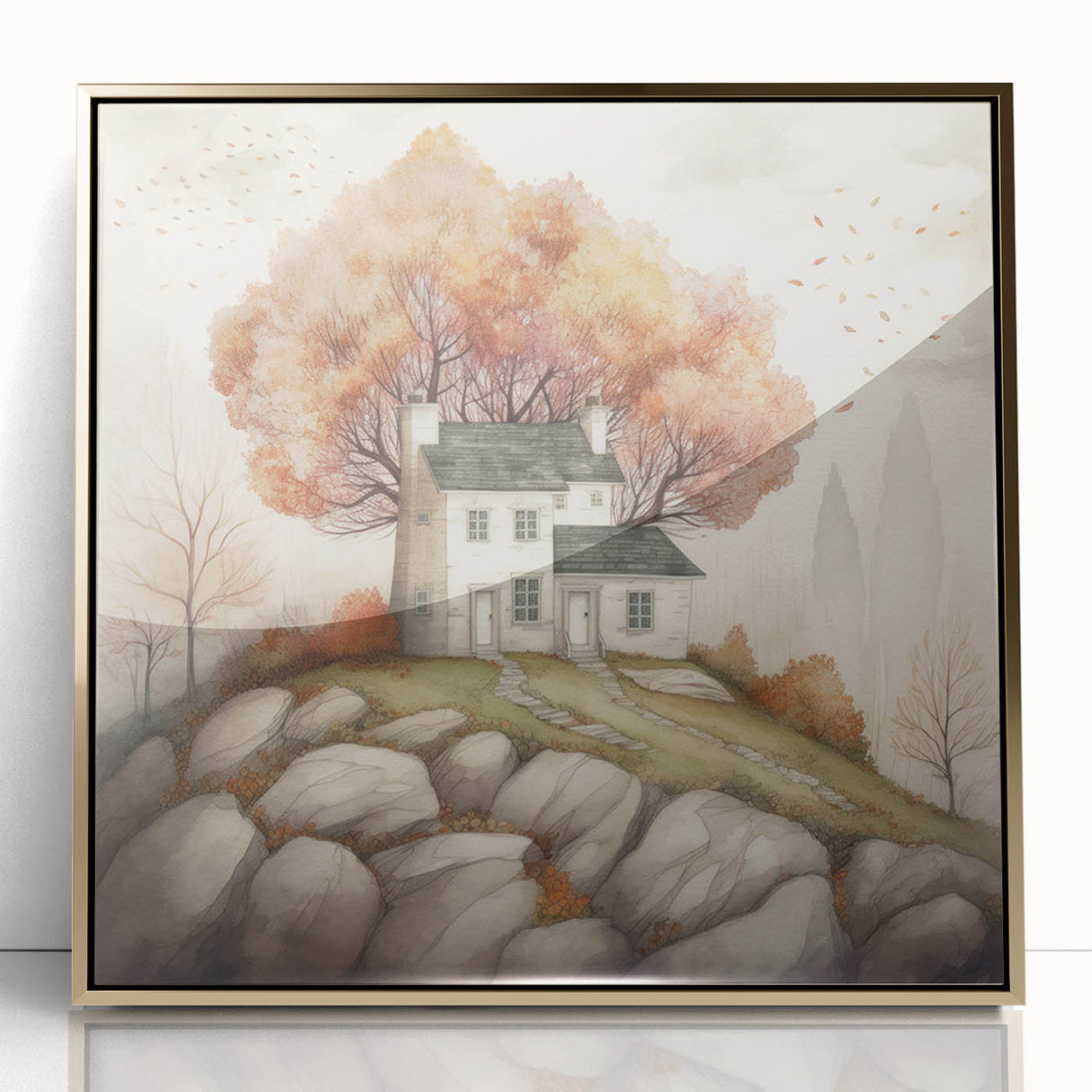 Mid-century modernist art depicting an autumn scene in muted orange and brown tones, framed acrylic print.