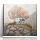 Art deco poster featuring a stylized autumn scene in orange and brown hues, framed in white acrylic.