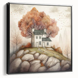 Black and white landscape art painting on a framed canvas, featuring a vintage poster style, ideal for bedroom wall decor.