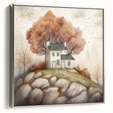 Framed canvas featuring a vintage-style landscape painting with colorful autumn trees and a black background.