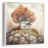 Vintage poster art of an autumn scene on framed canvas, featuring vibrant orange and red leaves, ideal for living room decor.