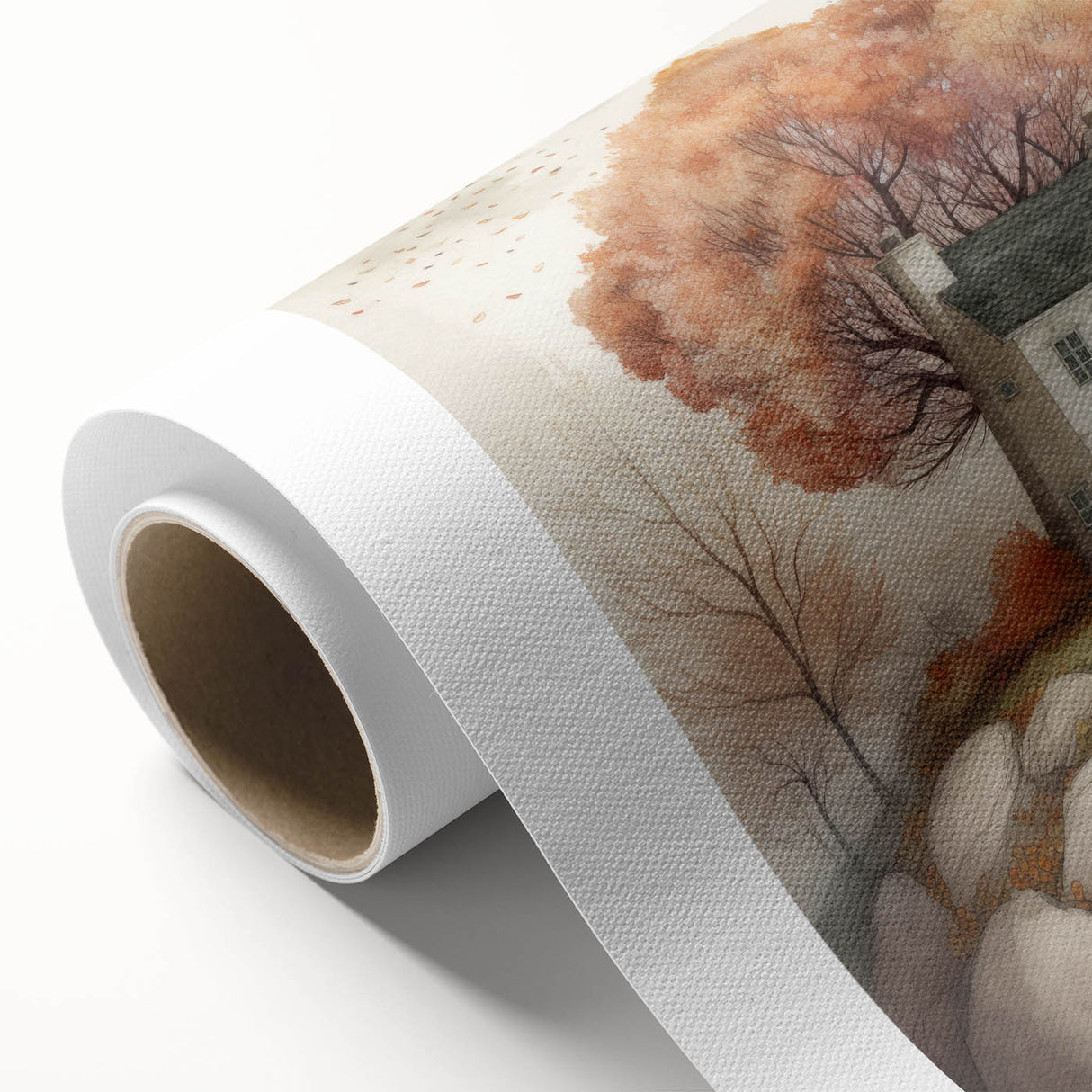 Art deco poster featuring an autumnal forest scene in warm orange and brown tones on rolled canvas.