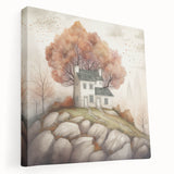 Autumn-themed stretched canvas depicting fall foliage in warm orange and red tones, ideal for kitchen wall art.