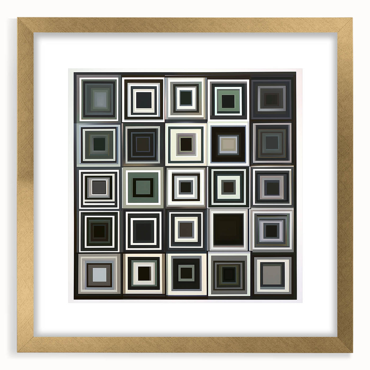 Abstract geometric frame with a gold mat, showcasing a modern design ideal for contemporary decor. Perfect for enhancing living spaces or art collections.