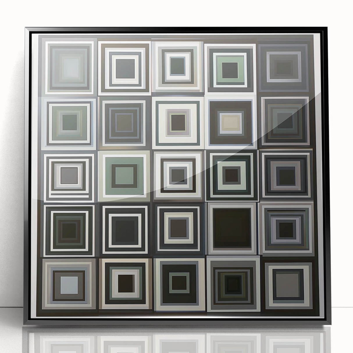 Framed geometric abstract art piece with black accents, showcasing intricate patterns and a modern design, perfect for contemporary home decor.
