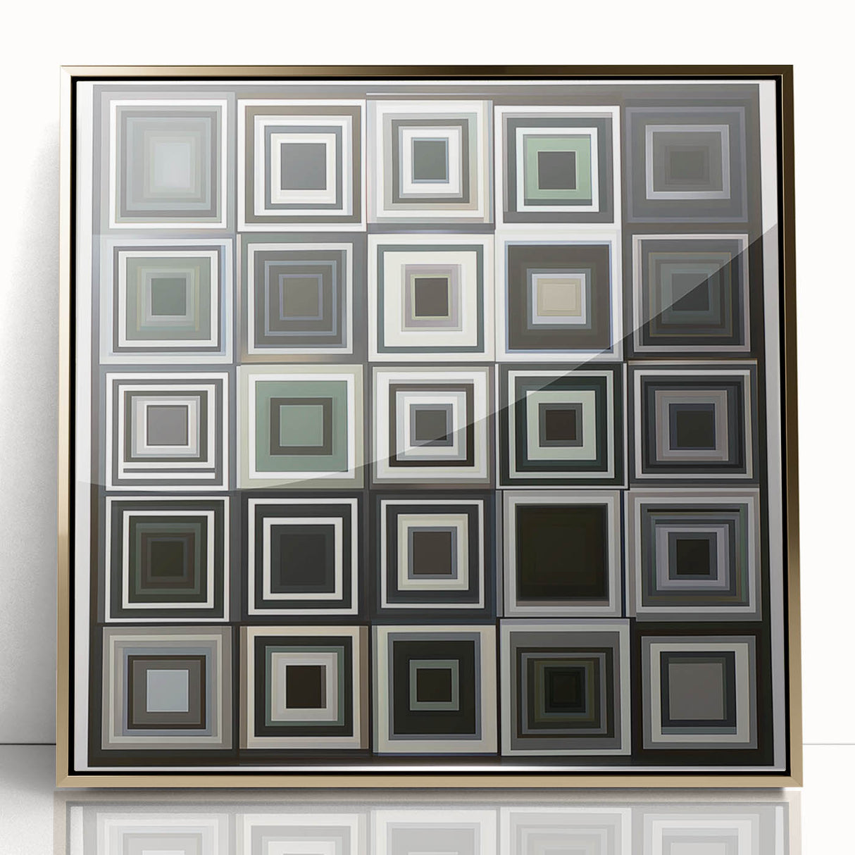 Framed abstract geometric acrylic art piece with gold accents, showcasing intricate shapes and vibrant colors, ideal for modern home decor.