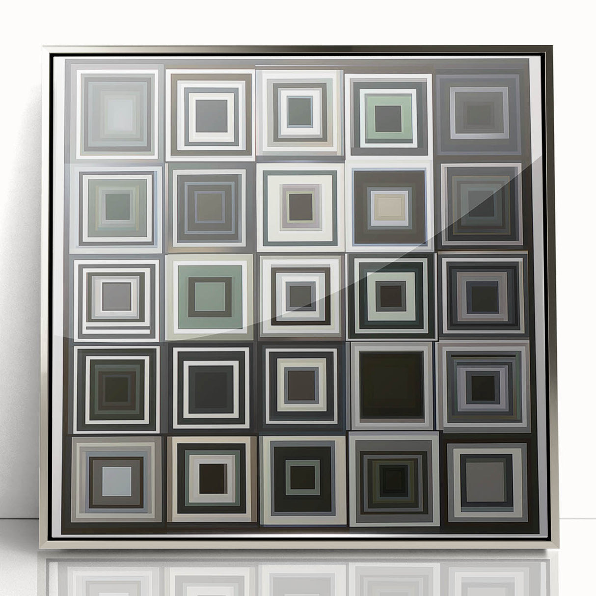 Framed abstract geometric art piece with a silver acrylic finish, showcasing intricate shapes and lines. Ideal for modern home decor or office space enhancement.
