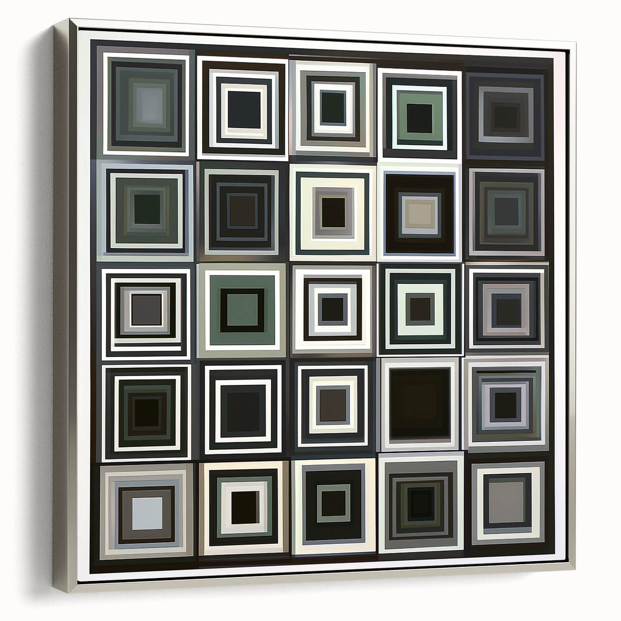 Framed abstract geometric canvas artwork with a silver frame, showcasing intricate patterns in shades of gray and white, enhancing modern interior decor.