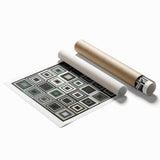 Abstract geometric rolled print showcasing vibrant colors and intricate patterns, elegantly packaged in a protective cardboard tube for easy handling and display. Perfect for modern decor enthusiasts seeking a unique art piece.