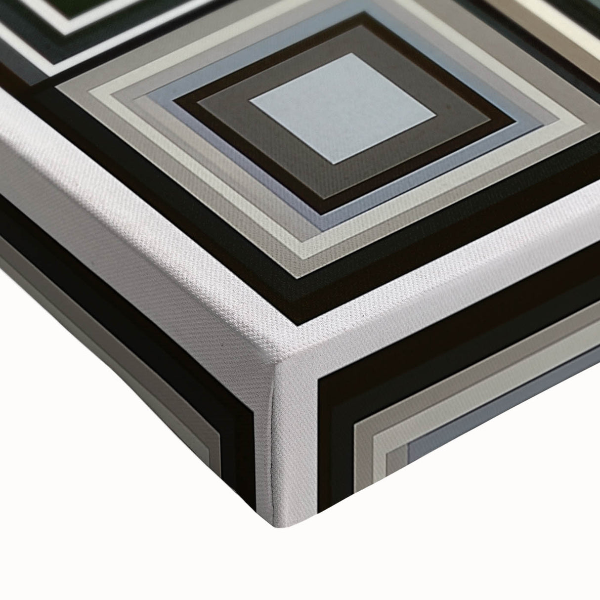 Close-up of an abstract geometric stretched canvas artwork, showcasing vibrant colors and intricate patterns, perfect for modern home decor and artistic displays.
