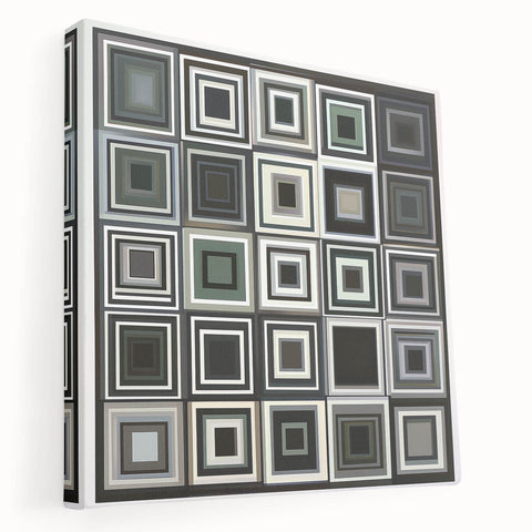 Stretched abstract geometric canvas art showcasing vibrant colors and sharp angles, perfect for modern decor, displayed from a side view. Ideal for contemporary interior design.