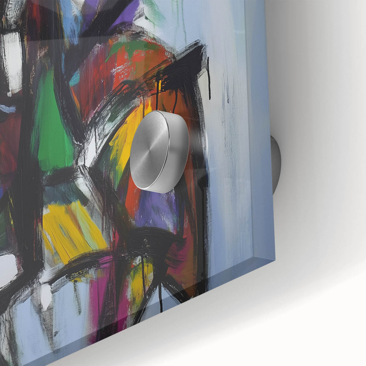 Close-up of vibrant abstract acrylic splatters on glass, showcasing a vivid palette of blues, yellows, and reds, perfect for modern home decor accents.
