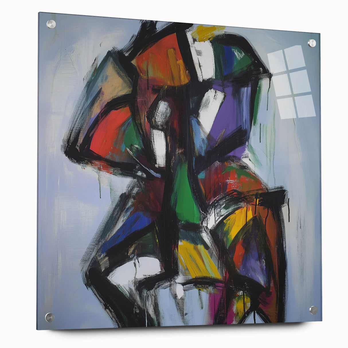 Abstract acrylic glass artwork displaying colorful splatters in a side view, showcasing intricate details and vibrant hues, secured with decorative pins for added dimension.