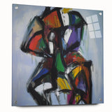 Abstract acrylic glass artwork displaying colorful splatters in a side view, showcasing intricate details and vibrant hues, secured with decorative pins for added dimension.