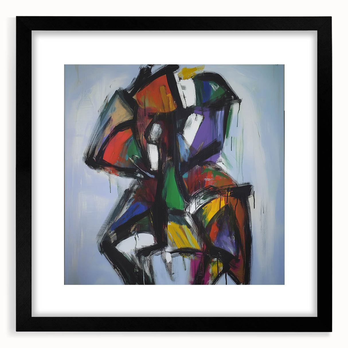 Abstract splatter art frame in black with a mat, showcasing vibrant paint splashes in various colors. Perfect for modern home decor as a bold statement piece.