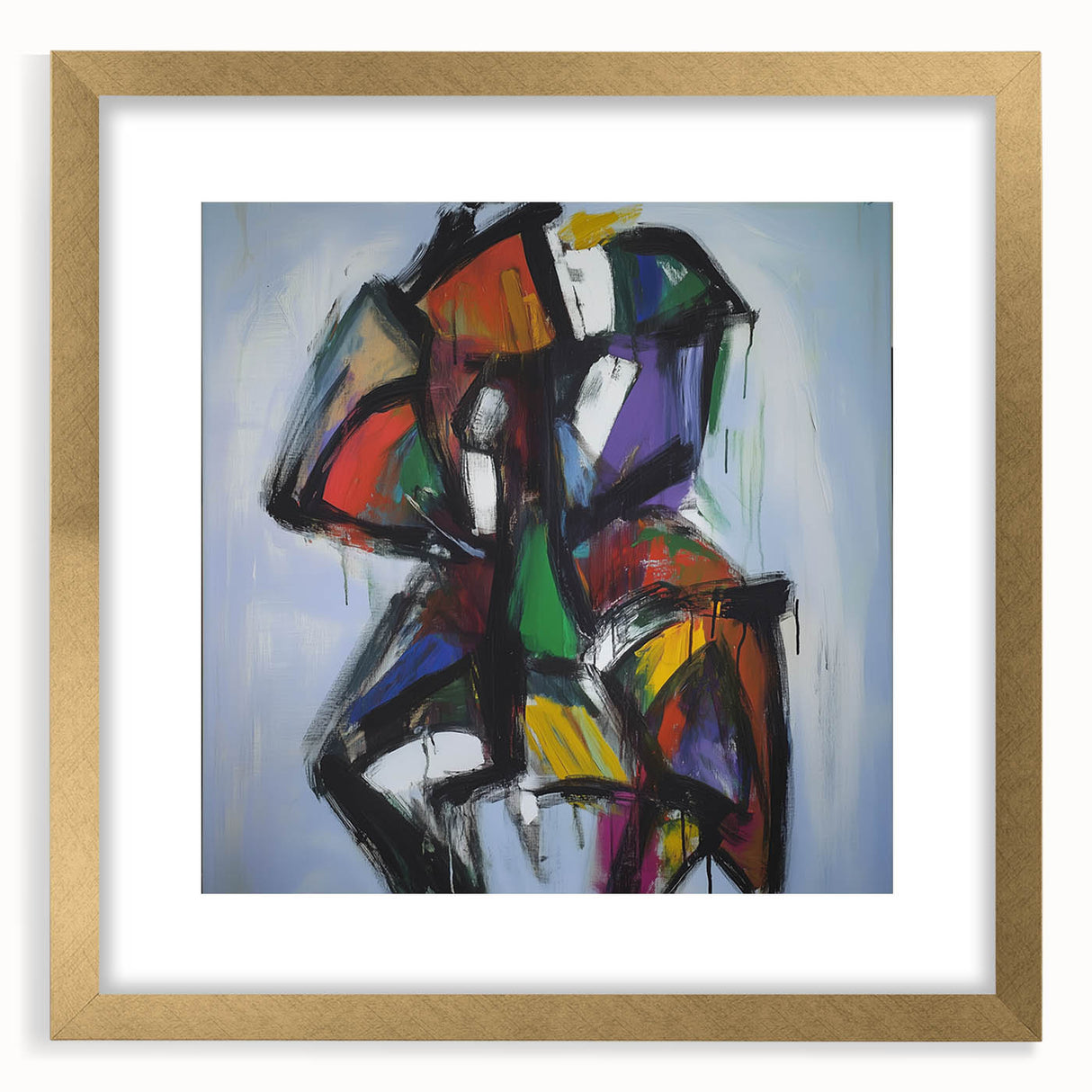 Abstract splatter art frame with mat in gold, showcasing vibrant colors and dynamic patterns, perfect for modern home decor or gallery wall display.