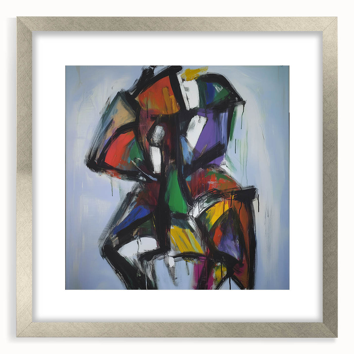 Abstract splatter art frame with a silver mat, showcasing vibrant colors and dynamic patterns, perfect for modern home decor or gallery display.
