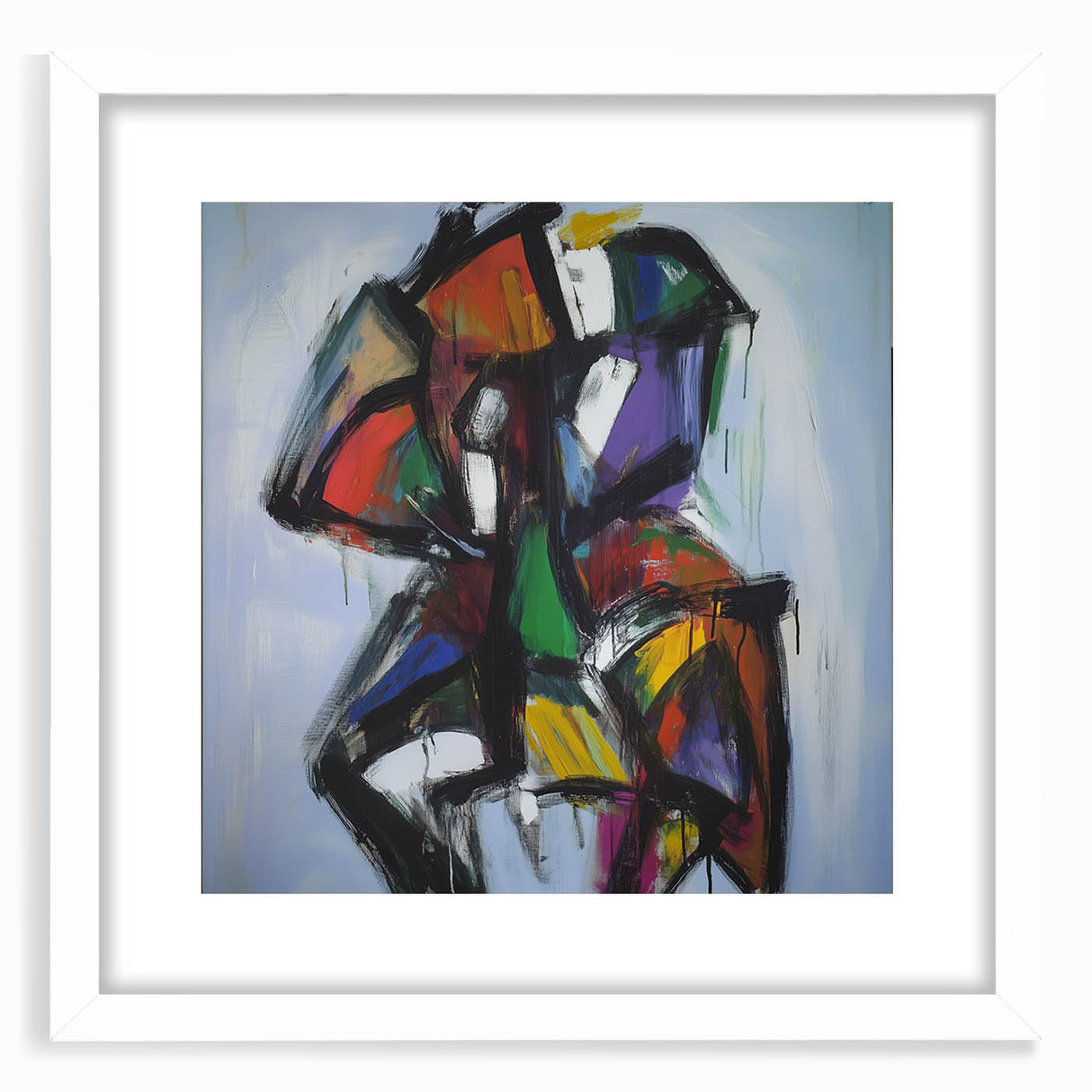 Abstract splatter wall art frame with a white mat, showcasing vibrant colors and dynamic patterns, perfect for modern home decor or artistic displays.