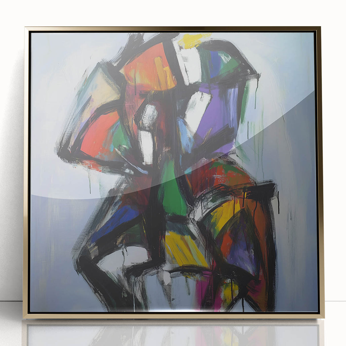 Abstract framed acrylic artwork showcasing vibrant gold splatters against a sleek black background, ideal for modern home decor and artistic enhancement.
