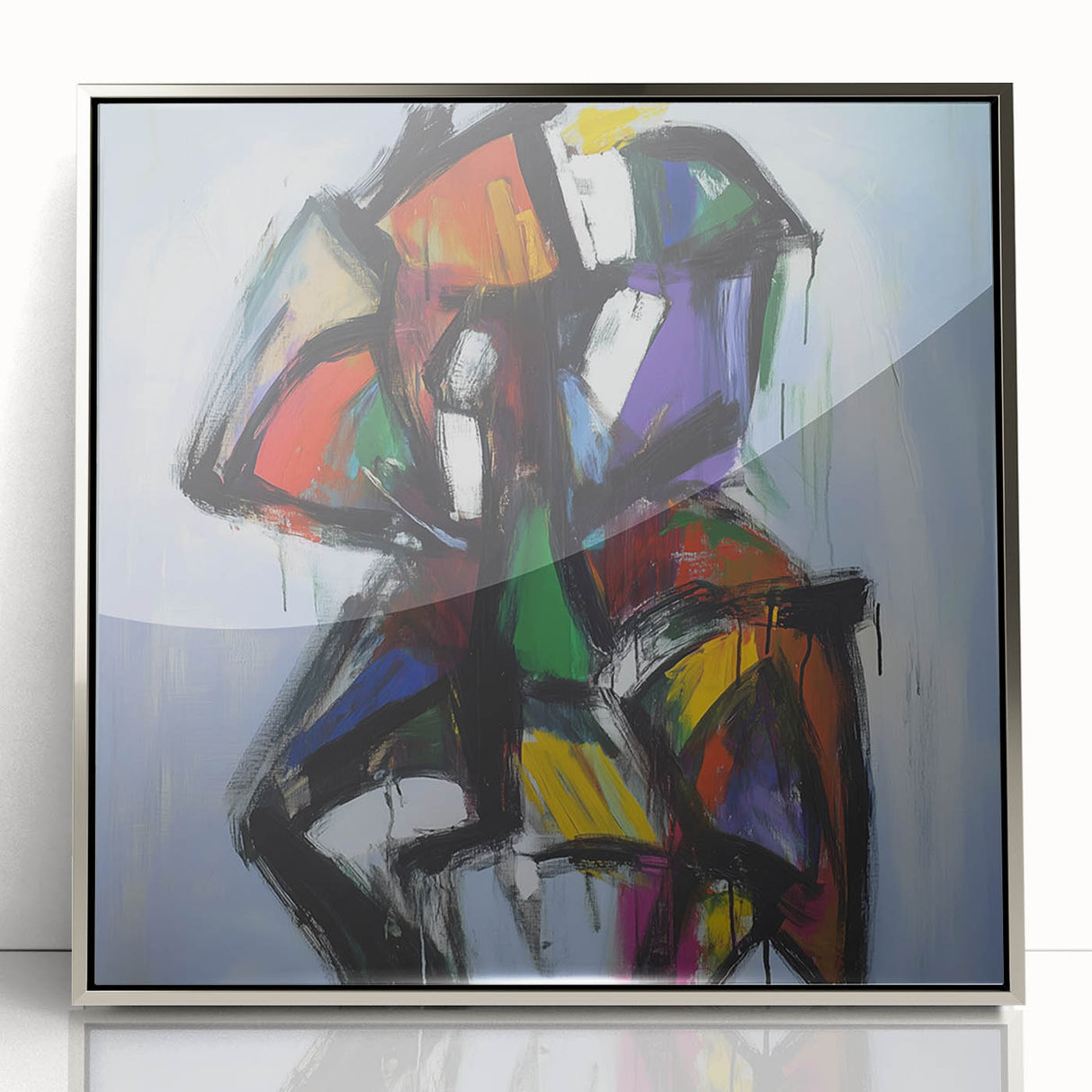 Framed acrylic artwork showcasing a vibrant abstract design with colorful splatters and silver borders, perfect for contemporary home decor.