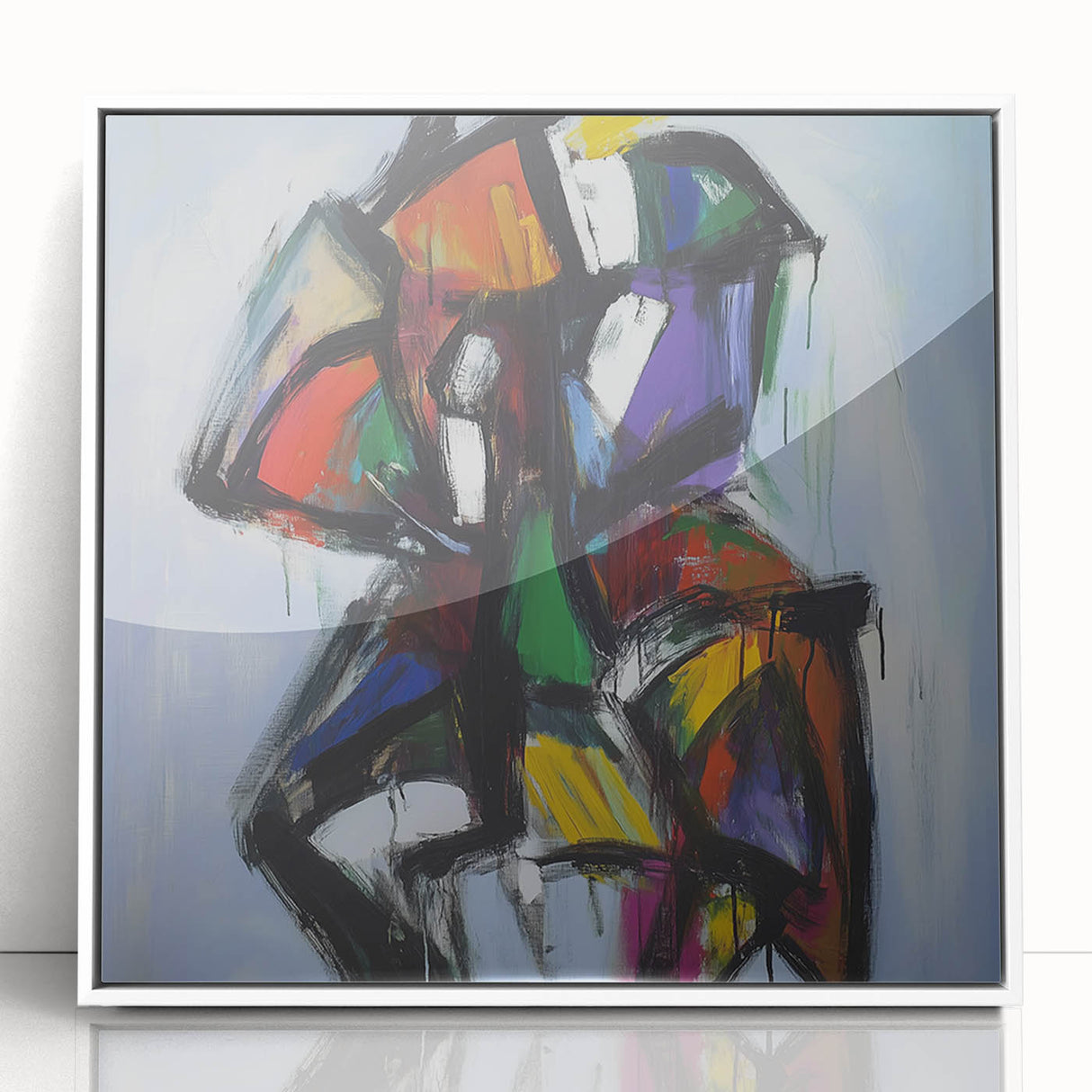 Framed acrylic wall art featuring abstract splatters in vibrant colors against a white background, ideal for modern home decor and artistic interiors.