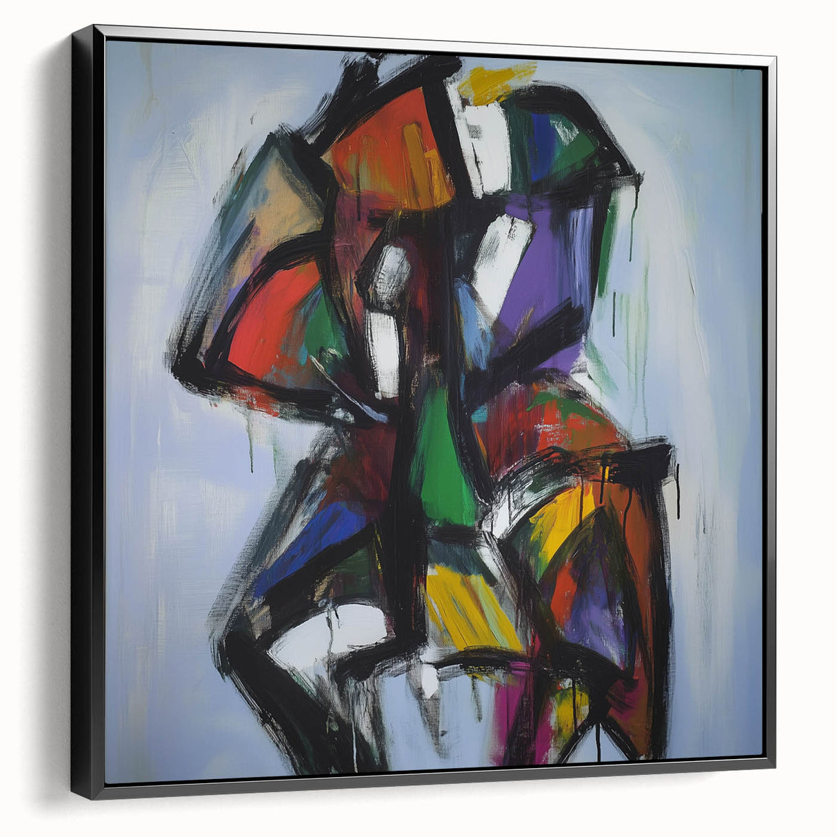 Framed black abstract splatter canvas art showcasing dynamic paint patterns, perfect for modern home decor. Ideal for adding a contemporary touch to any room.
