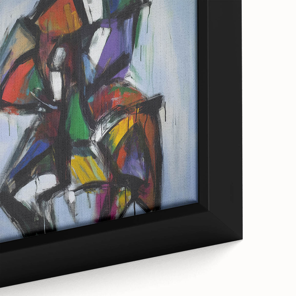 Abstract splatter art canvas featuring vibrant colors and intricate textures, framed for an elegant display. Perfect for modern home decor or art enthusiasts.