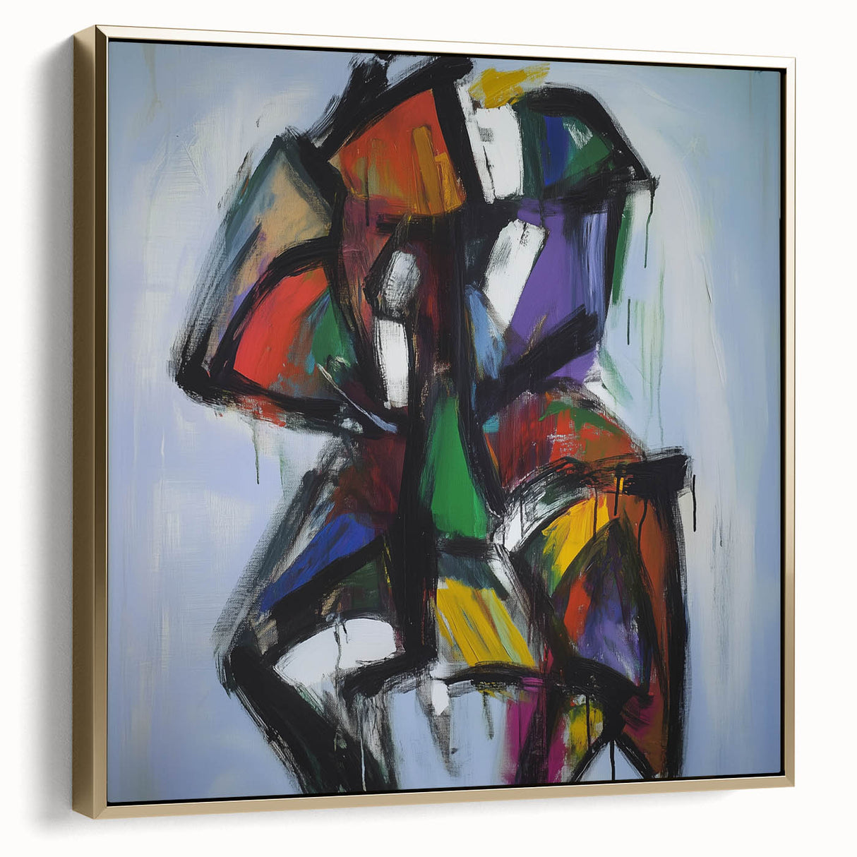 Framed canvas artwork showcasing an abstract design with gold and silver splatters, set against a neutral background. Ideal for modern home decor.