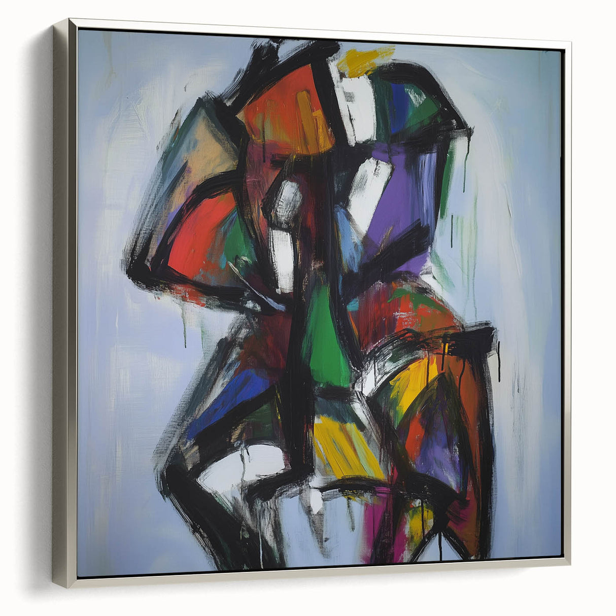 Framed canvas artwork showcasing abstract splatters in vibrant colors, set against a sleek silver frame. Ideal for modern home decor, adding a dynamic touch to any room.