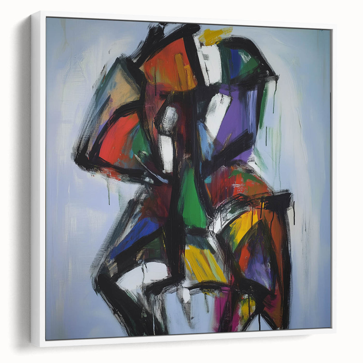 Framed canvas artwork showcasing an abstract splatter design in vibrant colors, viewed from the side against a white background, ideal for modern home decor.